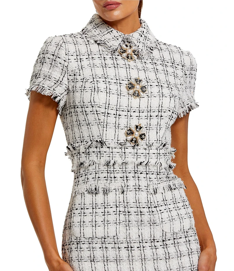 Mac Duggal Fitted Boucle Short Sleeve Button Up Midi Dress
