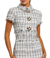 Mac Duggal Fitted Boucle Short Sleeve Button Up Midi Dress