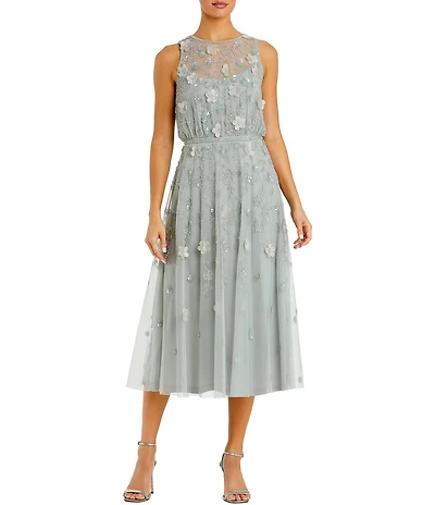 Mac Duggal Floral Applique Embellished Mesh Sleeveless Midi Dress