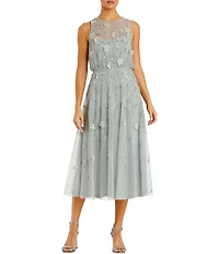 Mac Duggal Floral Applique Embellished Mesh Sleeveless Midi Dress