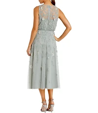 Mac Duggal Floral Applique Embellished Mesh Sleeveless Midi Dress