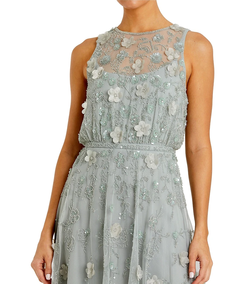 Mac Duggal Floral Applique Embellished Mesh Sleeveless Midi Dress