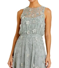 Mac Duggal Floral Applique Embellished Mesh Sleeveless Midi Dress