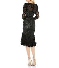 Mac Duggal Floral Applique Long Sleeve Flounce Fit and Flare Dress