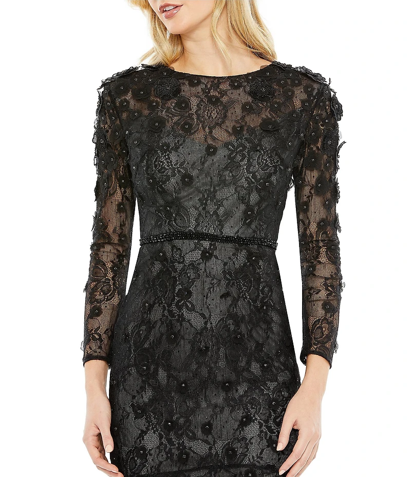 Mac Duggal Floral Applique Long Sleeve Flounce Fit and Flare Dress