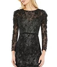 Mac Duggal Floral Applique Long Sleeve Flounce Fit and Flare Dress