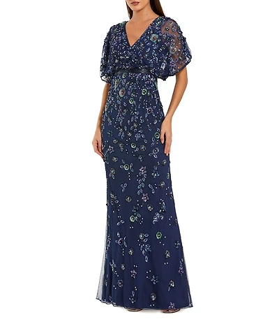 Mac Duggal Floral Bead Mesh V-Neck Blouson Column Gown
