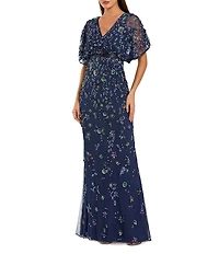 Mac Duggal Floral Bead Mesh V-Neck Blouson Column Gown