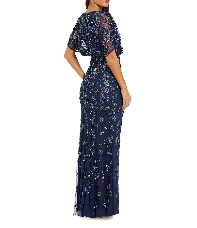 Mac Duggal Floral Bead Mesh V-Neck Blouson Column Gown