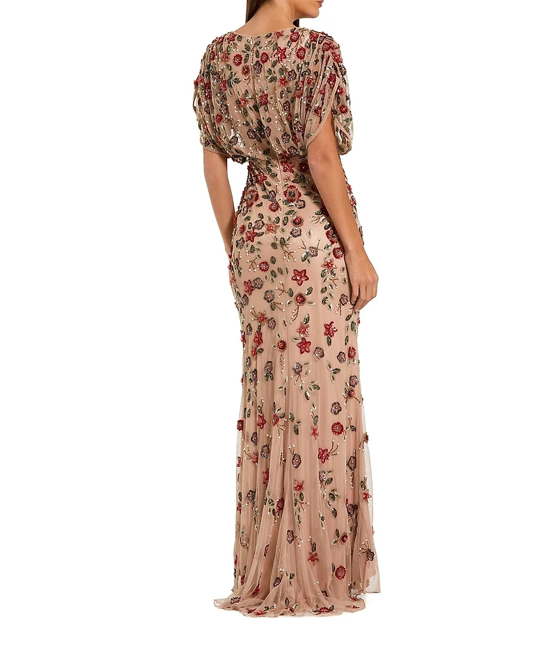 Mac Duggal Floral Bead Mesh V-Neck Blouson Column Gown