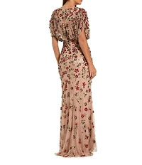 Mac Duggal Floral Bead Mesh V-Neck Blouson Column Gown