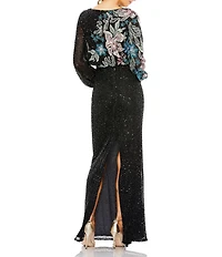 Mac Duggal Floral Beaded Sequin Long Sleeve Blouson Gown