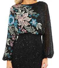 Mac Duggal Floral Beaded Sequin Long Sleeve Blouson Gown