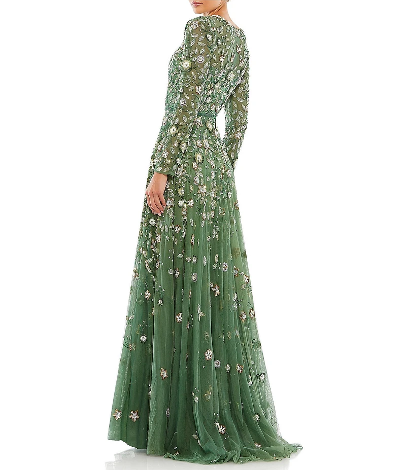 Mac Duggal Floral Beaded Crew Neck Long Sleeve Pleated Chiffon Gown