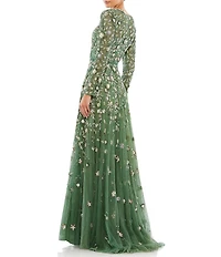 Mac Duggal Floral Beaded Crew Neck Long Sleeve Pleated Chiffon Gown