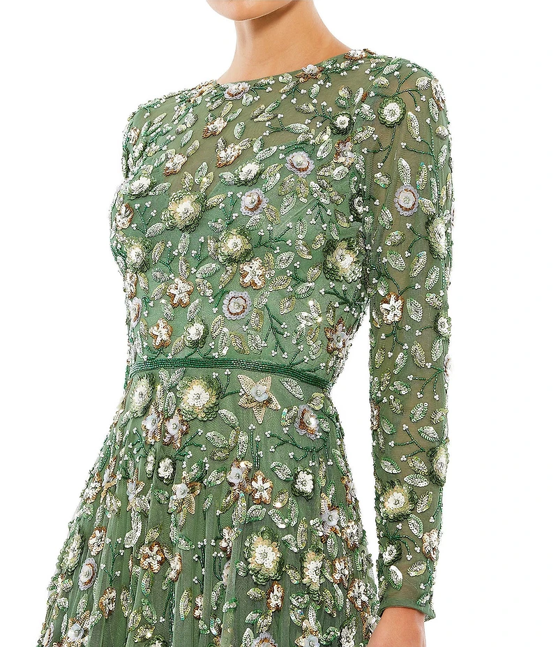 Mac Duggal Floral Beaded Crew Neck Long Sleeve Pleated Chiffon Gown