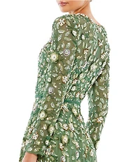 Mac Duggal Floral Beaded Crew Neck Long Sleeve Pleated Chiffon Gown