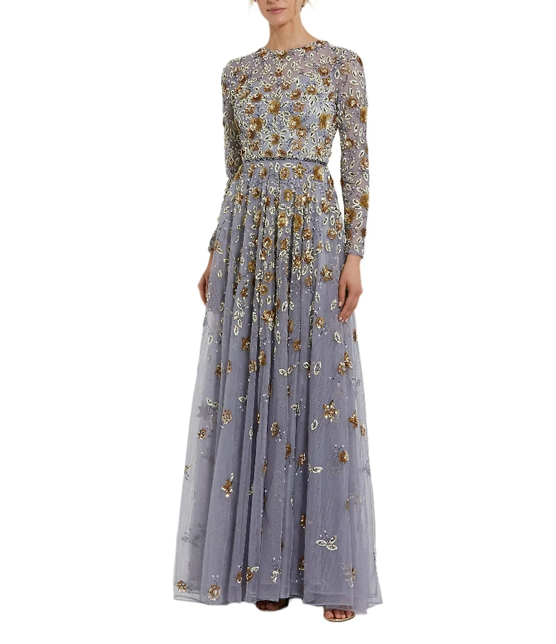 Mac Duggal Floral Beaded Crew Neck Long Sleeve Pleated Chiffon Gown