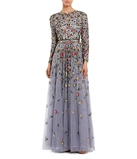 Mac Duggal Floral Beaded Crew Neck Long Sleeve Pleated Chiffon Gown