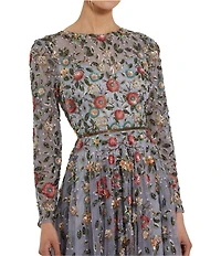 Mac Duggal Floral Beaded Crew Neck Long Sleeve Pleated Chiffon Gown
