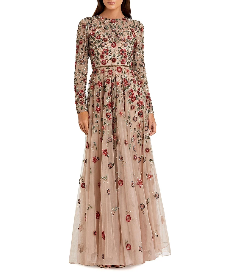 Mac Duggal Floral Beaded Crew Neck Long Sleeve Pleated Chiffon Gown