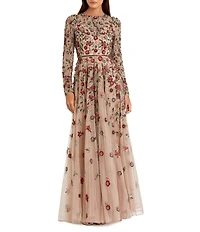 Mac Duggal Floral Beaded Crew Neck Long Sleeve Pleated Chiffon Gown