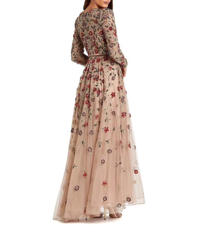 Mac Duggal Floral Beaded Crew Neck Long Sleeve Pleated Chiffon Gown