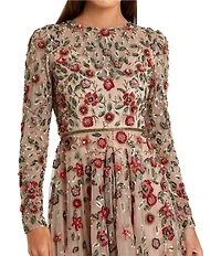 Mac Duggal Floral Beaded Crew Neck Long Sleeve Pleated Chiffon Gown