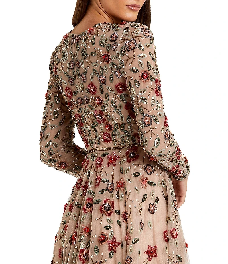 Mac Duggal Floral Beaded Crew Neck Long Sleeve Pleated Chiffon Gown