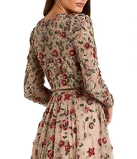 Mac Duggal Floral Beaded Crew Neck Long Sleeve Pleated Chiffon Gown