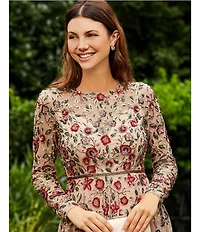 Mac Duggal Floral Beaded Crew Neck Long Sleeve Pleated Chiffon Gown