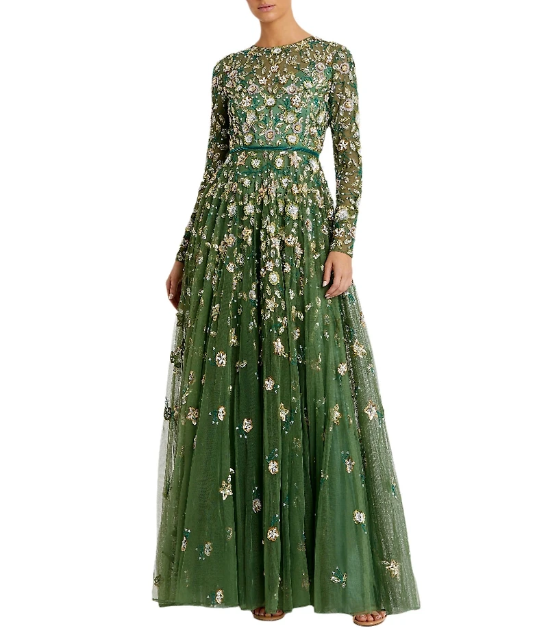 Mac Duggal Floral Beaded Crew Neck Long Sleeve Pleated Chiffon Gown