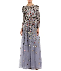 Mac Duggal Floral Beaded Crew Neck Long Sleeve Pleated Chiffon Gown