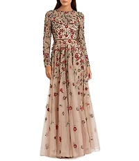 Mac Duggal Floral Beaded Crew Neck Long Sleeve Pleated Chiffon Gown