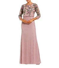 Mac Duggal Floral Beaded Mesh 3/4 Sleeve Boat Neck Gown