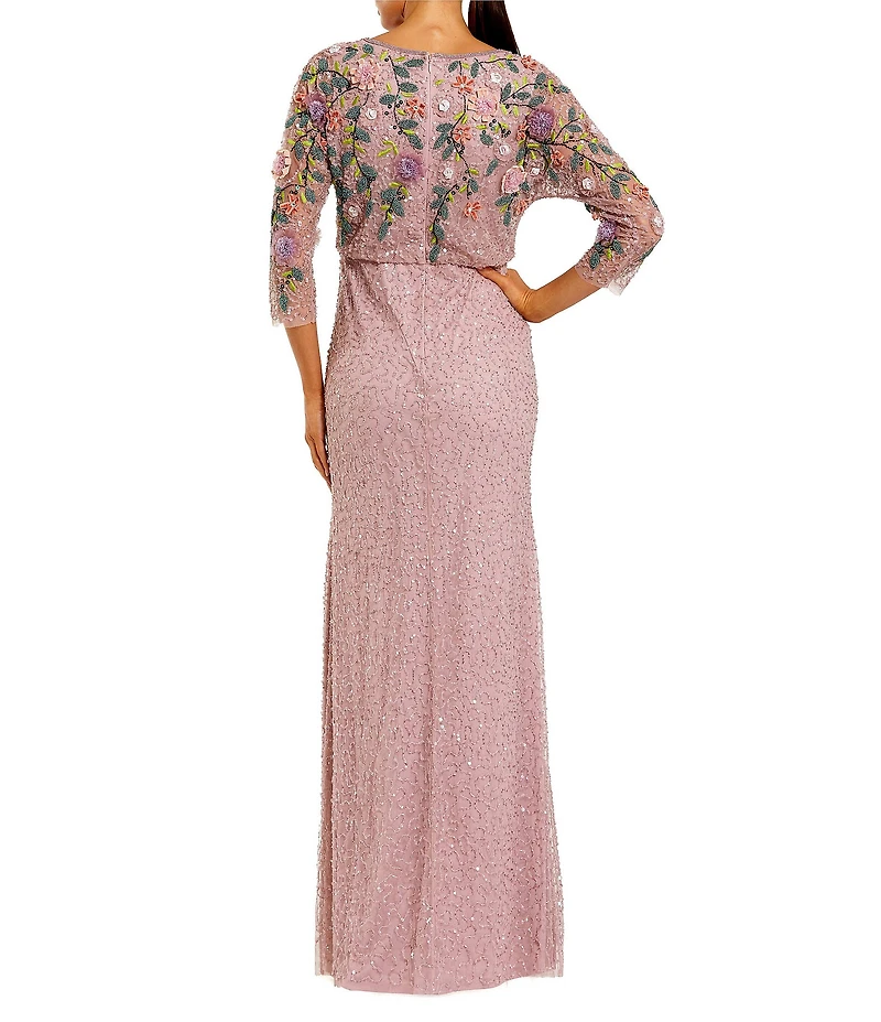 Mac Duggal Floral Beaded Mesh 3/4 Sleeve Boat Neck Gown