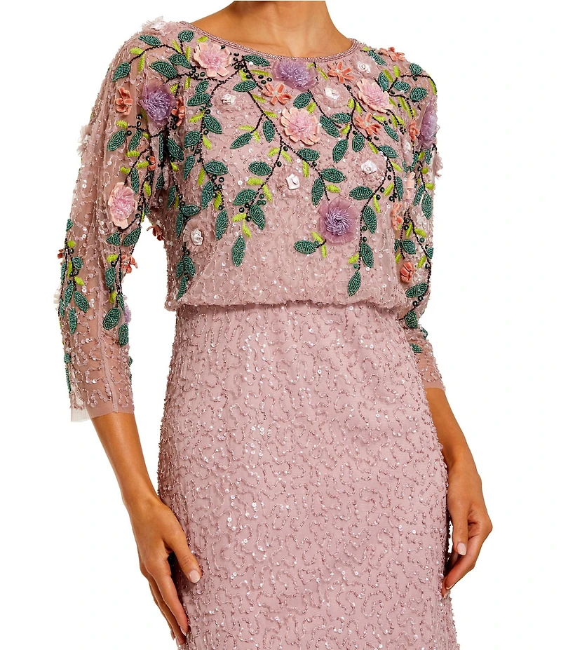 Mac Duggal Floral Beaded Mesh 3/4 Sleeve Boat Neck Gown