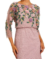 Mac Duggal Floral Beaded Mesh 3/4 Sleeve Boat Neck Gown