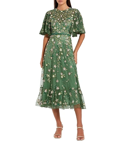 Mac Duggal Floral Beaded Mesh Flutter Sleeve Midi Dress