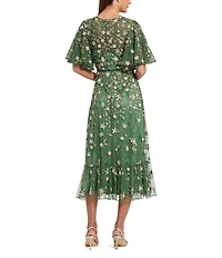 Mac Duggal Floral Beaded Mesh Flutter Sleeve Midi Dress