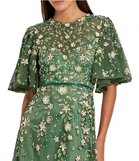 Mac Duggal Floral Beaded Mesh Flutter Sleeve Midi Dress