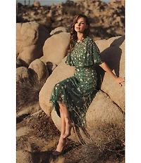 Mac Duggal Floral Beaded Mesh Flutter Sleeve Midi Dress