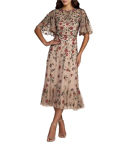 Mac Duggal Floral Beaded Mesh Flutter Sleeve Midi Dress
