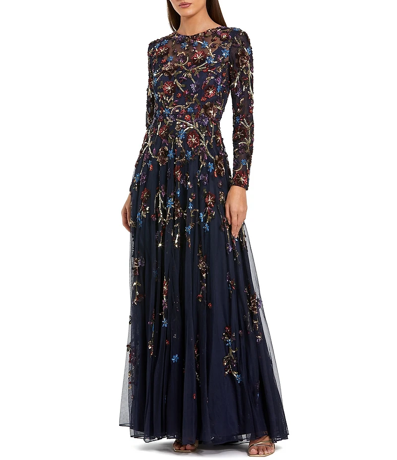 Mac Duggal Floral Beaded Mesh Long Sleeve A-Line Gown