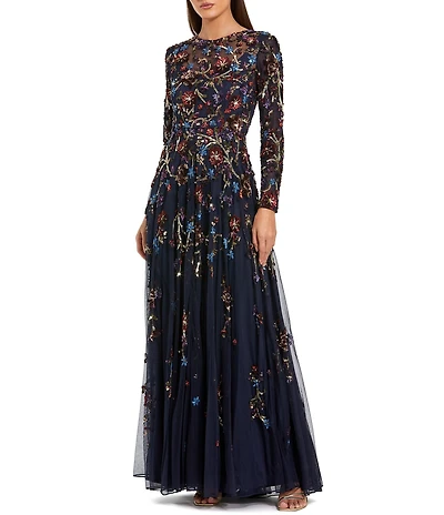 Mac Duggal Floral Beaded Mesh Long Sleeve A-Line Gown