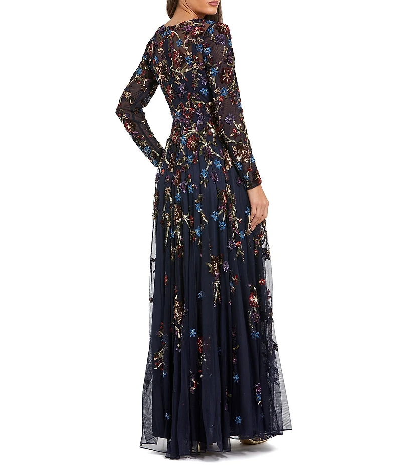 Mac Duggal Floral Beaded Mesh Long Sleeve A-Line Gown