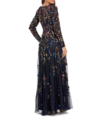 Mac Duggal Floral Beaded Mesh Long Sleeve A-Line Gown