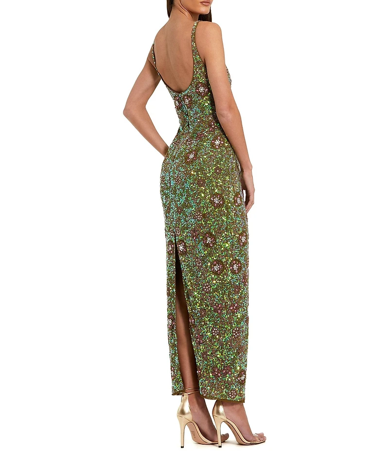 Mac Duggal Floral Beaded Scoop Neck Sleeveless Sheath Midi Dress