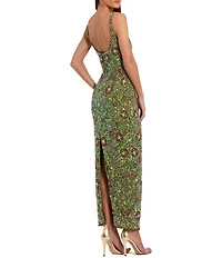 Mac Duggal Floral Beaded Scoop Neck Sleeveless Sheath Midi Dress