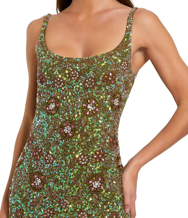 Mac Duggal Floral Beaded Scoop Neck Sleeveless Sheath Midi Dress